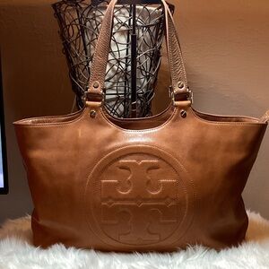 Authentic Tory Burch Brown Cognac Leather Bombe Tote